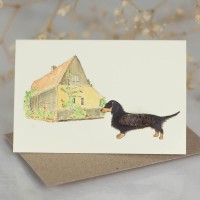 Mini Dachshund by barn card