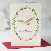 Owl and floral wreath Christmas card