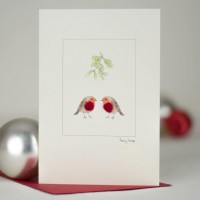 Christmas Robins under the mistletoe card 