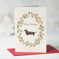 Dachshund and floral wreath Christmas card