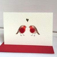 Mini Robins in love Christmas card