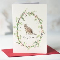 Cat and floral wreath Christmas card
