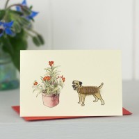 Mini Border Terrier with pot of flowers card