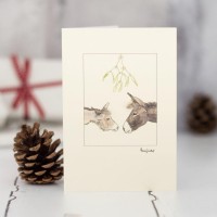 Donkeys under mistletoe Christmas card