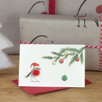Mini Robin under pine sprig card